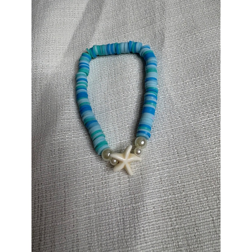 Handmade Blue Heishi Bead Starfish Stretch Bracelet Coastal Nautical Jewelry